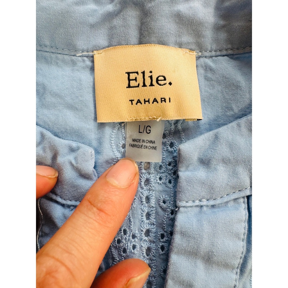 Elie Tahari SkyBlue Punching Eyelet Cotton Button Up Blouse Top Puff Sleeve Sz L - Picture 4 of 7